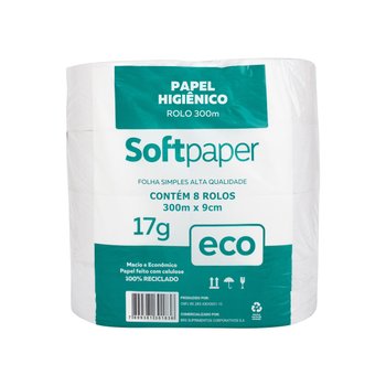 Papel Higiênico Reciclado 300 Metros 8 Rolos 17g | Softpaper Eco