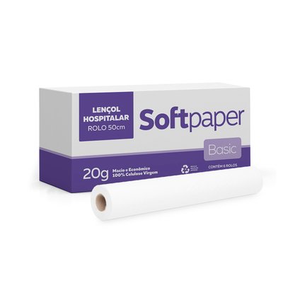 Lençol Hospitalar 50 cm x 50 metros Folha Simples 20g 6 rolos | Softpaper Basic