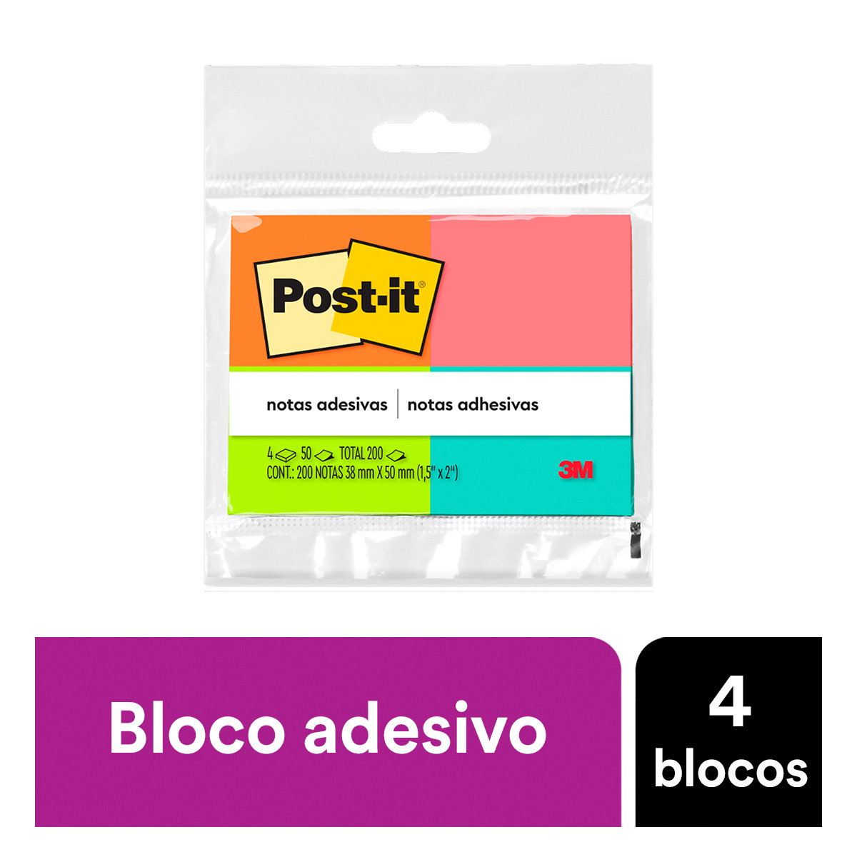 Post-it® 4 Blocos 38x50mm 50 Folhas cada Tropical Neon 3M