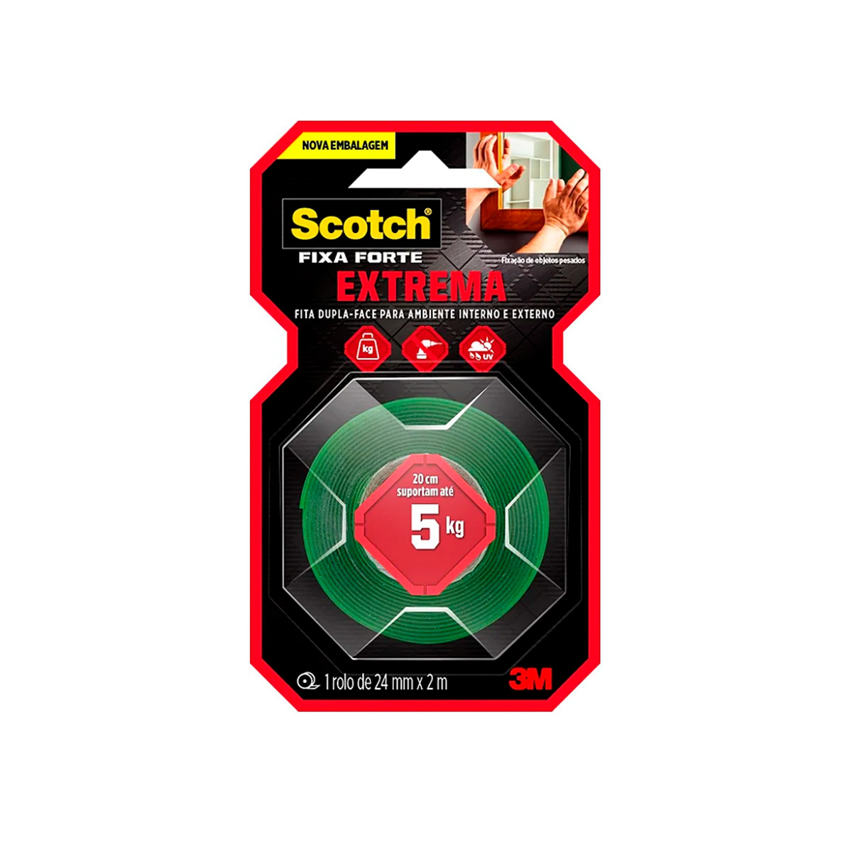 Fita Adesiva Dupla Face Fixa Forte Extrema 24 mm x 2 m | Scotch 3M