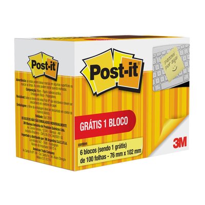 Post-it® 5 Blocos 76x102mm 100 Folhas cada + 1 Bloco Grátis Amarelo 3M