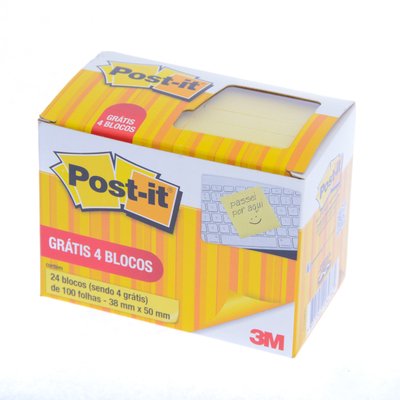 Post-it® 20 Blocos 38x50mm 100 Folhas Cada + 4 Blocos Grátis Amarelo 3M