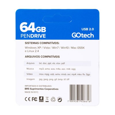 Pendrive GoTech 64GB USB 2.0 - Preto e prata