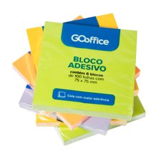 Bloco Adesivo Cores Sortidas 75 x 75 mm 6 blocos de 100 folhas | Go Office