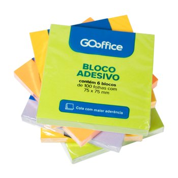 Bloco Adesivo Cores Sortidas 75 x 75 mm 6 blocos de 100 folhas | Go Office