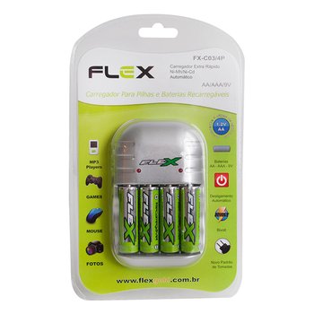 Carregador de Pilhas AA/AAA/9V Flex FX-C03-4P Bivolt