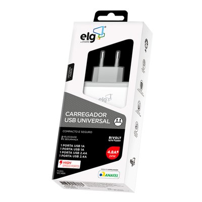 Carregador de parede 4 saídas USB branco ELG