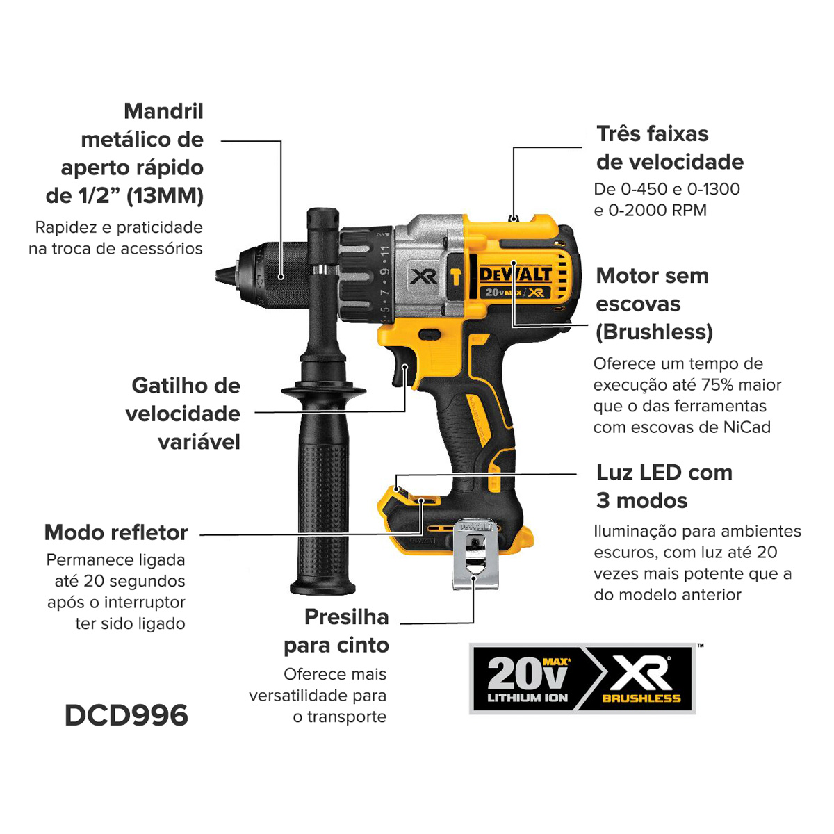 Parafusadeira/Furadeira de Impacto Brushless 1/2 Pol 20v Max 3 vel Sem Bat Sem Car Dewalt DCD996B