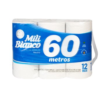 Papel Higiênico Folha Simples 60 metros 12 rolos | Mili Bianco