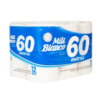 Papel Higiênico Folha Simples 60 metros 12 rolos | Mili Bianco