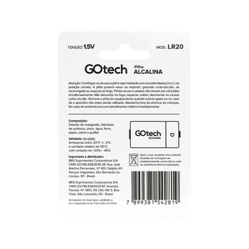 Pilha Alcalina Go Tech LR20 D Grande 2UN