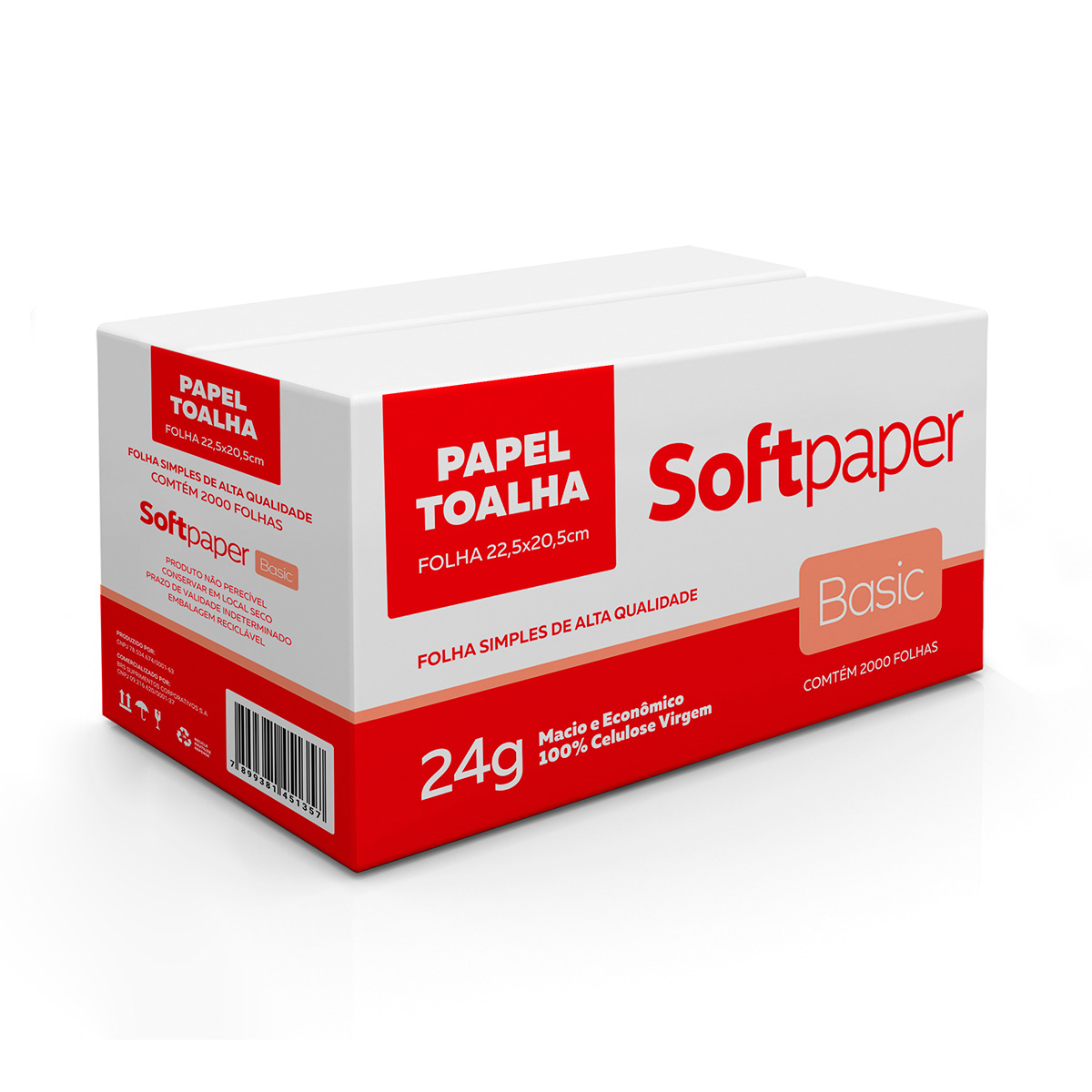 Papel Toalha Interfolhado Folha Simples 2.000 Folhas 24g | Softpaper Basic