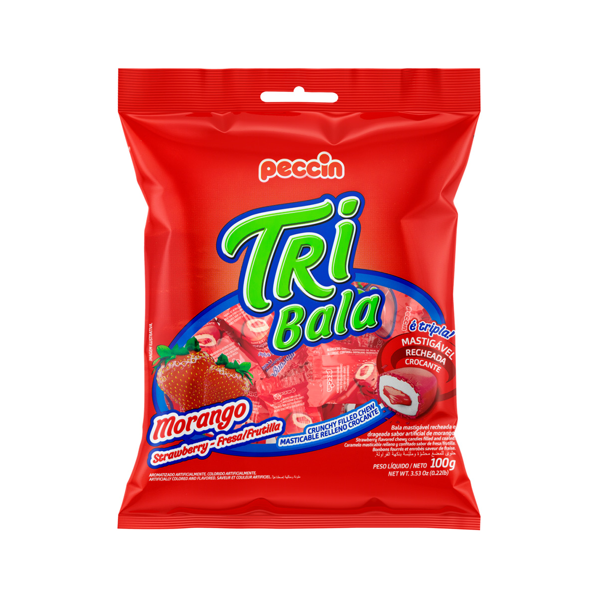 Bala Mastigável Tri Bala Morango PCT 100g | Peccin